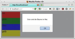Abbildung 2: Was wie eine simpler, statischer Inhalt aussieht hat der Browser per Javascript dynamisch in eine leere Seite geschrieben. Auf einen Mausklick reagieren die farbigen Felder außerdem mit einem zur Farbe passenden Text-Popup.