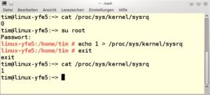 Abbildung 2: Wie die Null anzeigt, unterstützt OpenSuse die SysRq-Tastenkombinationen zwar, deaktiviert sie jedoch von Haus aus. Abhilfe schafft ein kurzer Befehl als Benutzer <code srcset=