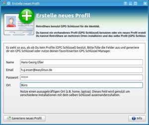 Abbildung 2: Nur beim ersten Start richten Sie ein neues Profil ein. RetroShare erzeugt für Sie ein GPG-Schlüsselpaar.