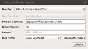 Abbildung 4: Bevor Sie mit dem kleinen Gnome-Programm loslegen und bloggen können, stellen Sie die Zugangsdaten und die Blog-Engine ein.