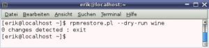 Abbildung 5: Rpmrestore zeigt an, dass es in Wine keine Modifikationen an den Dateiattributen fand.