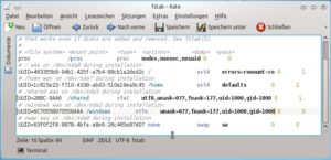 Abbildung 5: Ändern Sie unter Kubuntu die Konfigurationsdatei "/etc/fstab", damit Sie als normaler Benutzer Schreibrechte für die Windows-Partitionen haben.