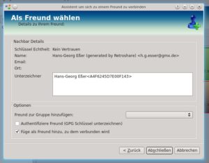 Abbildung 6: Beim Import eines GPG-Schlüssels zeigt RetroShare die Daten des neuen Kontakts an.