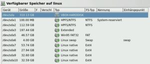 Abbildung 6: Das Partionierungsprogramm in YaST zeigt die bestehende Aufteilung an. Sie legen hier nur fest, welche Partitionen OpenSuse nutzen soll, denn die Aufteilung passt schon.
