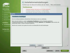 Abbildung 6: Jetzt wird es ernst: Klicken Sie hier auf "Installieren", richtet YaST OpenSuse ein. Wählen Sie "Zurück" und dann "Abbrechen", bleibt das System unverändert.