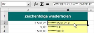 Abbildung 6: Den freien Raum füllt Calc mit Sternchen auf und greift dabei zur Funktion WIEDERHOLEN().