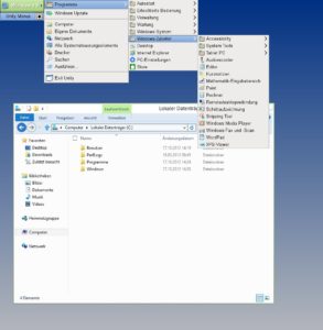 Abbildung 3: Wer es bevorzugt, seinen Linux-Desktop auch beim Gebrauch von Windows-Tools zu sehen, dem ermöglicht Unity das. Zusätzlich bietet dieser Modus einen Programmstarter, der Windows 8 inzwischen fehlt.