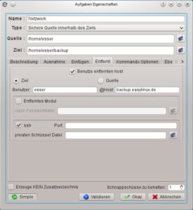 Abbildung 1: LuckyBackup beherrscht auch die Datensicherung auf einen entfernten Rechner. Das stellen Sie im erweiterten "Aufgaben"-Dialog ein.