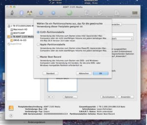 Abbildung 1: In Apples Festplatten-Dienstprogramm stellen Sie zunächst die Platte auf eine GUID-Partitionstabelle um.