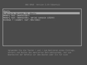 Abbildung 10: Nach der erfolgreichen Installation von Kubuntu 12.10 neben Windows 7 sollte der Bootloader Einträge für beide Systeme anzeigen.