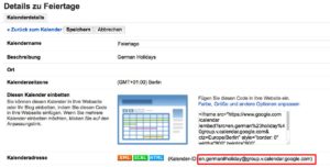 Abbildung 14: Die Kalender-IDs Ihrer Google-Kalender finden Sie über die Google-Webseite heraus, wenn Sie die Kalender-Einstellungen besuchen.