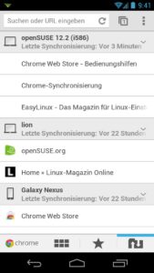 Abbildung 19: Aus der Chrome-App greifen Sie auf die Lesezeichen von PC-Chrome-Installationen zu, hier von zwei Rechnern mit Linux und Mac OS.