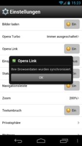Abbildung 23: Opera Link schalten Sie in der Android-App über die Browsereinstellungen ein.