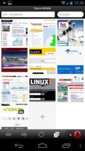Abbildung 24: Die Opera-Startseite auf dem Handy zeigt in der Schnellwahl nach dem Abgleich auch die Links der Desktopvariante.