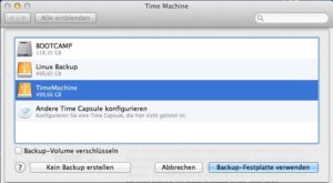 Abbildung 4: Wählen Sie in TimeMachine die neue HFS+-Partition als "Backup-Festplatte" aus.