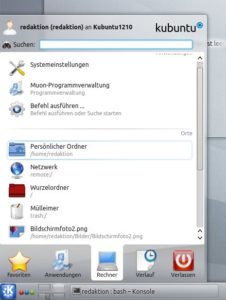Abbildung 5: KDEs Startmenü setzt auf das klassische Kategoriensystem, bringt aber auch eine dynamische Suche mit.
