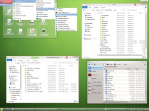 Abbildung 5: Über den nahtlosen Modus (Unity) von VMware Workstation erhalten Windows-8-Anwender sogar wieder ein brauchbares Startmenü – der Windows-Desktop hat es abgeschafft. Auf diesem OpenSuse-Desktop liegen zwei Windows-Explorer-Fenster.