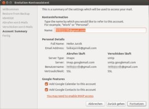 Abbildung 6: Evolution bietet direkt bei der Kontenerstellung an, auch die Kontakte und die Kalender mit einzubeziehen.