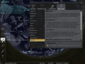 Abbildung 6: Stellarium zeigt auf Wunsch die Sterne im Kontext globaler Kulturkreise. Für den westlichen Kulturkreis liegen die mythologischen Figuren in ästhetisch ansprechender Form vor.