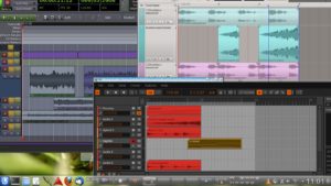 Abbildung 6: Oben links Ardour3, rechts oben Qtractor und unten Bitwig: Alle drei arbeiten mit Audioclips.