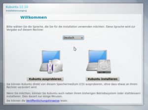 Abbildung 6: Über den Bootmenü-Eintrag "Start Kubuntu" gelangen Sie zu diesem Fenster, in dem Sie die Sprache auswählen und probeweise den KDE-Desktop im Live-Modus starten.