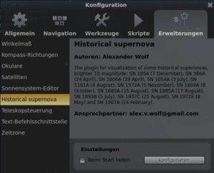 Abbildung 7: Die Erweiterungen machen die Arbeit mit Stellarium besonders spannend. So besteht etwa die Möglichkeit, historische Supernovae zu simulieren oder Teleskope zu steuern.