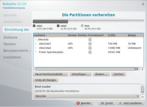Abbildung 7: Kubuntus Installer bemerkt zwar die freie Partition, kommt aber nicht auf die Idee, sich in diese hinein zu installieren. Also greifen Sie selbst ein.