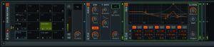 Abbildung 8: Die in Bitwig Studio eingebaute Drum-Machine, kombiniert mit einem parametrischen Equalizer sowie drei weiteren Effekten. Kleine Steuermodule, an denen sich der Signalfluss regeln lässt, verbinden die einzelnen Elemente.
