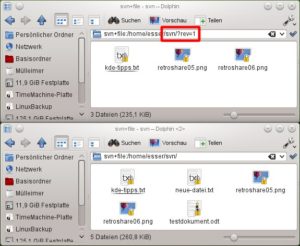 Abbildung 8: Dolphin kann auch Repository-Inhalte anzeigen – über den URL-Parameter "?rev=X" greifen Sie auf alte Revisionen zu (oben).