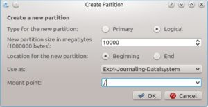 Abbildung 8: Im Test knapsen wir für die Root-Partition mit den wichtigsten Systemdaten etwa 10 GByte vom freien Speicherplatz ab.