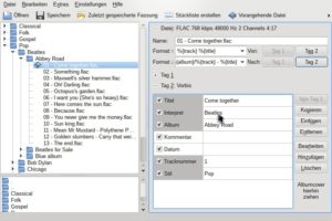 Abb. #: Der Tag-Editor hat hier die Tags eines Musikstücks aus Dateiname und Orderstruktur erschlossen. Der umgekehrte Weg, das Benennen der Dateien nach den eingebettetem Tags funktioniert ebenso gut. Sind die Informationen unvollständig, ersparen Online-Dienste das manuelle Eingeben.