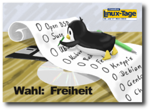 Wahlfreiheit bei den Chemnitzer Linuxtagen. Die Postkarte ist auf der Webseite kostenlos erhältlich.