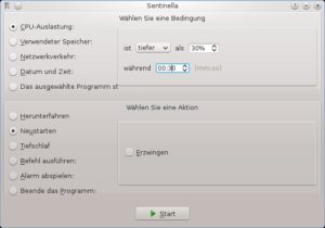 Abb. #: Sentinella überwacht CPU- und Netzlast sowie die Speicherbelegung. Damit kriegt das Programm das Ende von rechenintensiven Prozessen oder Downloads recht zuverlässig mit.
