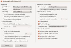 Abbildung 1: Die Dialog zum Export beim Einsatz von Writer2LaTeX als Extension bietet viele Möglichkeiten zur Konfiguration, schöpft aber bei weitem nicht das volle Potenzial der Software aus.