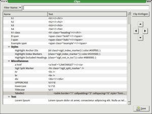 Abbildung 4: Clips enthalten fertigen Code. Neue Clips definieren Sie direkt in der Quelltextansicht.