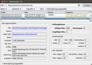 Die GUI für linkchecker listet die gefundenen Probleme übersichtlich auf.