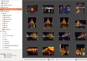 Abbildung 1: In der Statusleiste links zeigt Shotwell die Kamera oder die Speicherkarte an. Im Diakasten in der Mitte sehen Sie die auf der Karte respektive Kamera vorhandenen Fotos.