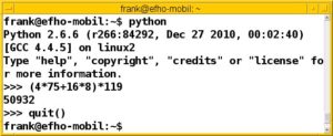 Abbildung 1: Die Python-Shell erlaubt neben einfacher Arithmetik komplexe Rechenoperationen über zusätzliche Module.