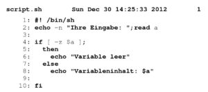 Abbildung 2: Schon mit wenigen Optionen erzeugen Sie dank Enscript eine Ausgabe, die den Blick auf die wichtigen Schlüsselwörter lenkt und das Navigieren im Text durch automatische Zeilennummern erleichtert.