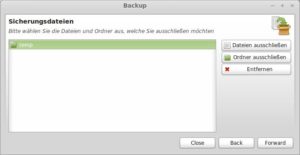 Abbildung 3: Alle Verzeichnisse und Dateien in der Liste schließt mintBackup von der Sicherung aus. Sie löschen einen Eintrag aus der Liste, indem Sie ihn markieren und dann über den gleichnamigen Knopf <code srcset=