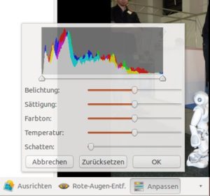 Abbildung 4: In der Vollbildansicht bietet Shotwell zusätzliche Bearbeitungsmöglichkeiten, etwa das Anpassen der Helligkeit und des Kontrastes.