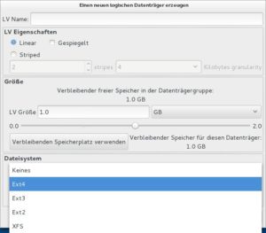 Abbildung 4: Das Anlegen des vorgesehenen Dateisystems erledigt der Logical Volume Manager beim Anlegen eines LVs gleich mit.