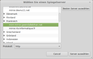 Hier schlägt die Funktion „Server auswählen“ unter Linux Mint einen Rechner aus Frankreich vor.