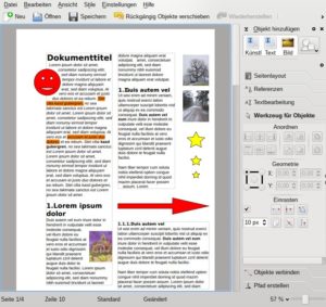 Abbildung 1: Die Kalligra-Textverarbeitung setzt als einzige ihrer Art auf das aus dem professionellen Desktop-Publishing bekannte Rahmenkonzept, mit dem sich der Text exakt auf der Seite verteilen lässt. Leider funktioniert das Programm oft nicht, wie es sollte, und stürzt viel zu oft ab.