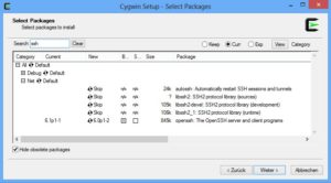 Abbildung 1: Die Paketauswahl im Cygwin-Installer zeigt die Programme nach Kategorien sortiert an; Sie können hier auch suchen (im Beispiel nach "ssh").