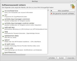 Abbildung 2: Das Backuptool von Linux Mint sichert auf Wunsch eine Liste der installierten Pakete, um z. B. einen anderen Rechner damit zu bestücken.