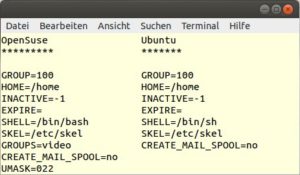 Abbildung 2: OpenSuse und Ubuntu haben "useradd" unterschiedliche Standardeinstellungen verpasst.
