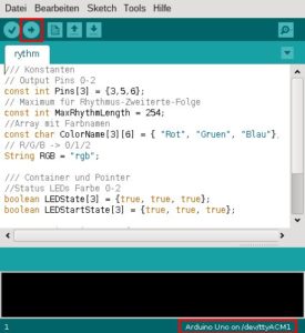 Abbildung 3: Die dank Java systemübergreifend lauffähige, GPL-lizenzierte Arduino-IDE verbirgt die Komplexität der Mikroprozessor-Programmierung. Rot hervorgehoben sind der <code srcset=