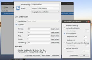 Abbildung 4: Dieser wiederkehrende Job beendet montags bis freitags jeweils um 12:30 Uhr alle eigenen Gwibber-Prozesse und schließt damit das Chatprogramm.