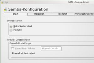 Abbildung 4: OpenSuse erlaubt über YaST eine einfache Samba-Konfiguration. Hier lässt sich bei Bedarf auch die Firewall für Samba öffnen.